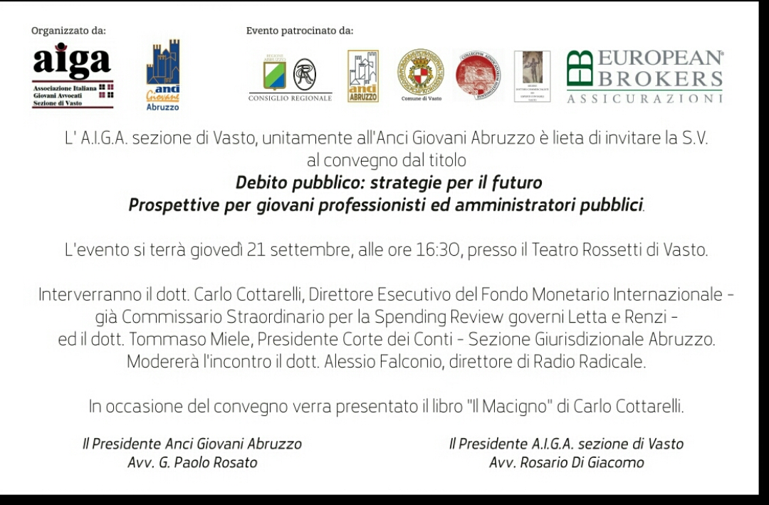 Anci Giovani Abruzzo – Il 21 settembre a Vasto convegno “Debito pubblico: strategie per il futuro”