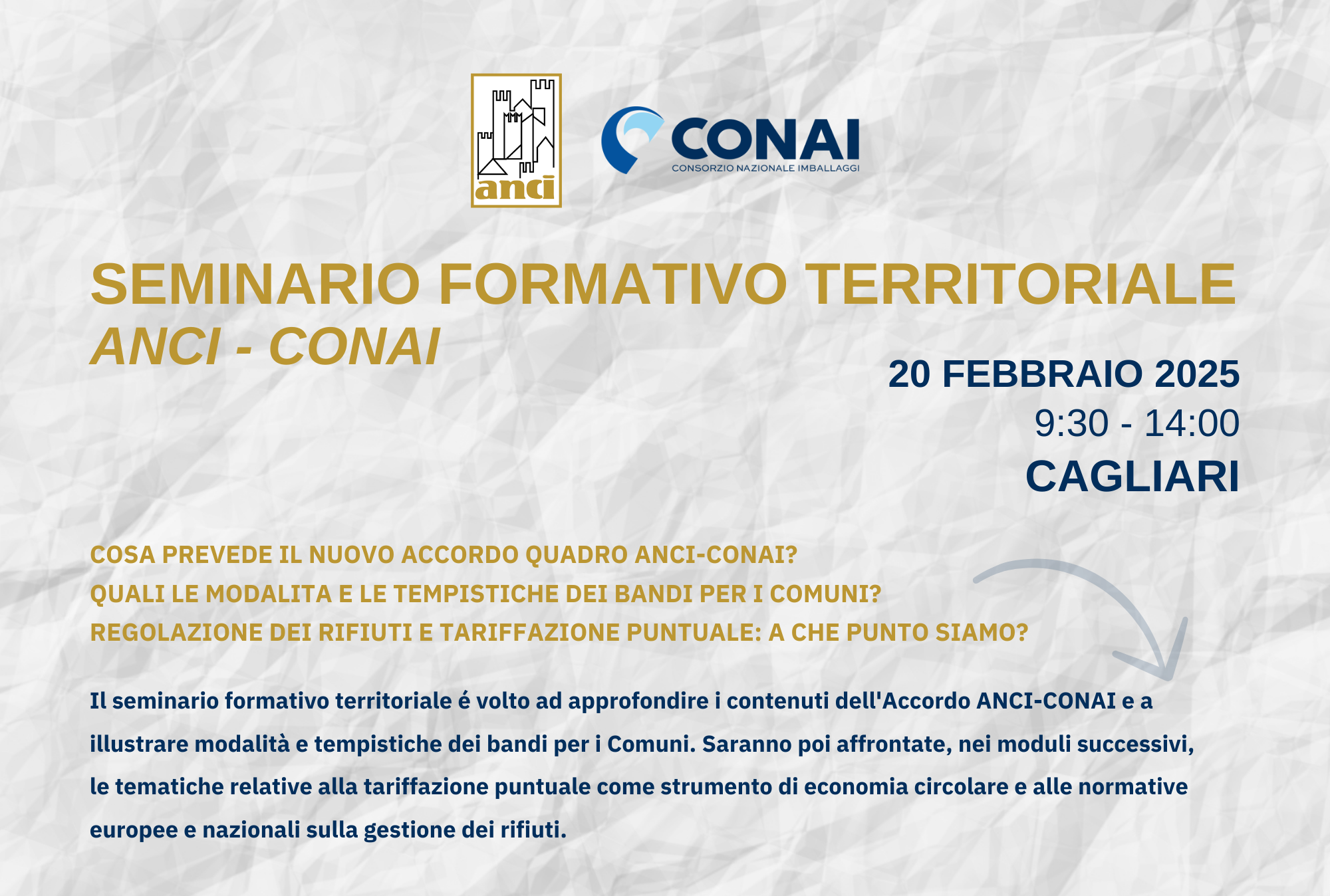 Oggi 20 febbraio a Cagliari seminario formativo territoriale sull’accordo quadro Anci – Conai