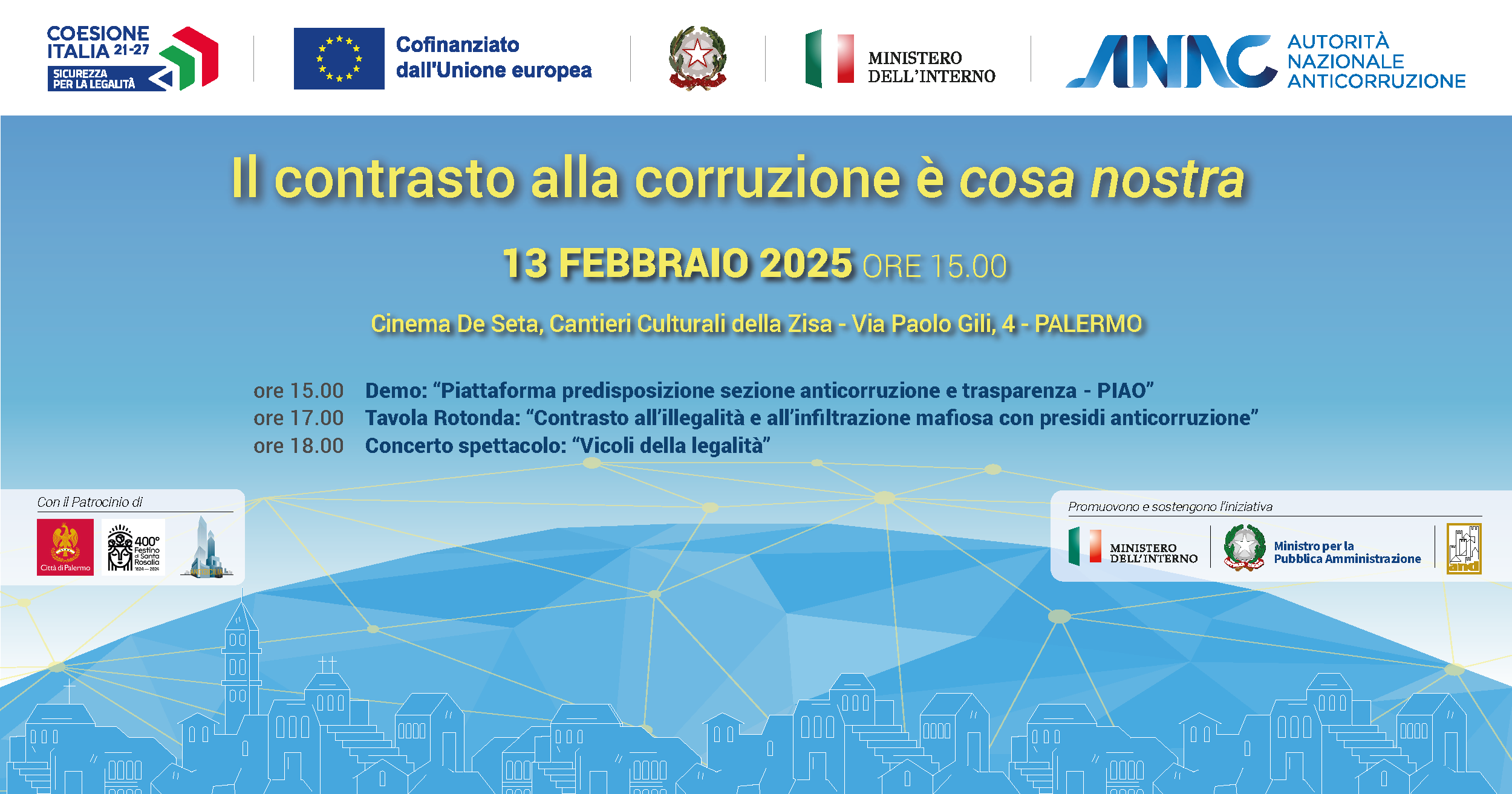 Oggi 13 febbraio a Palermo l’evento Anac “Il contrasto alla corruzione è ‘cosa nostra’”