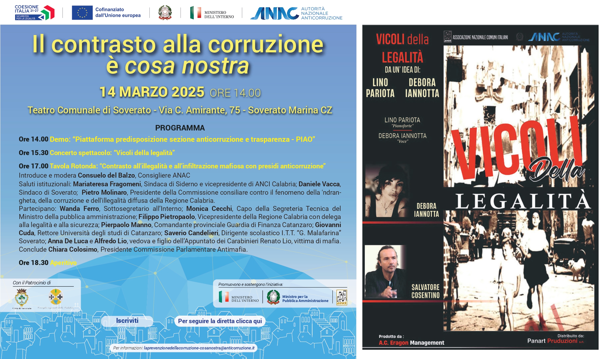 Oggi 14 marzo tappa a Soverato per il ciclo incontri “Il contrasto alla corruzione è cosa nostra”