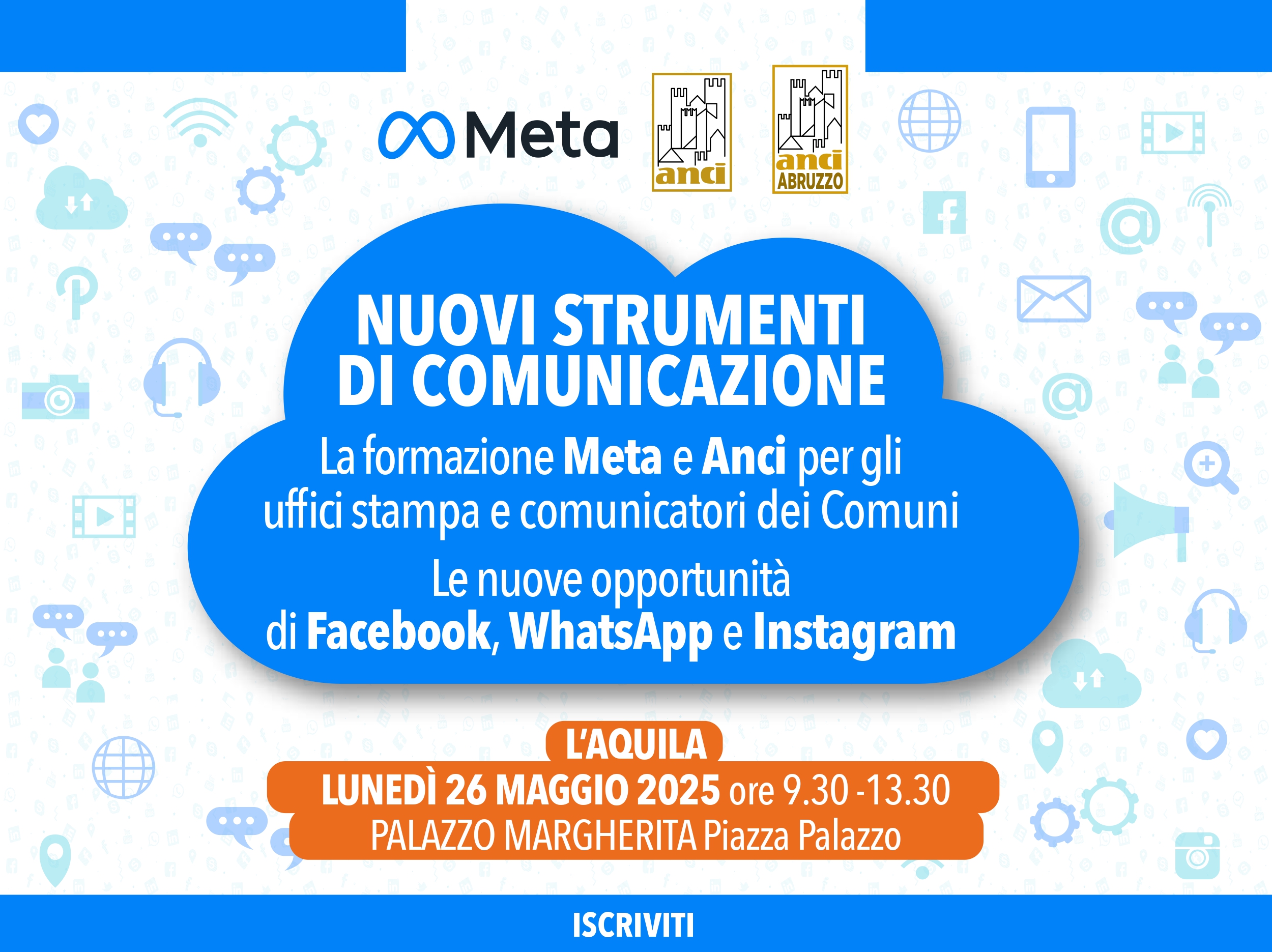 Lunedì 26 maggio a L’Aquila, corso Anci-Meta su comunicazione e social media