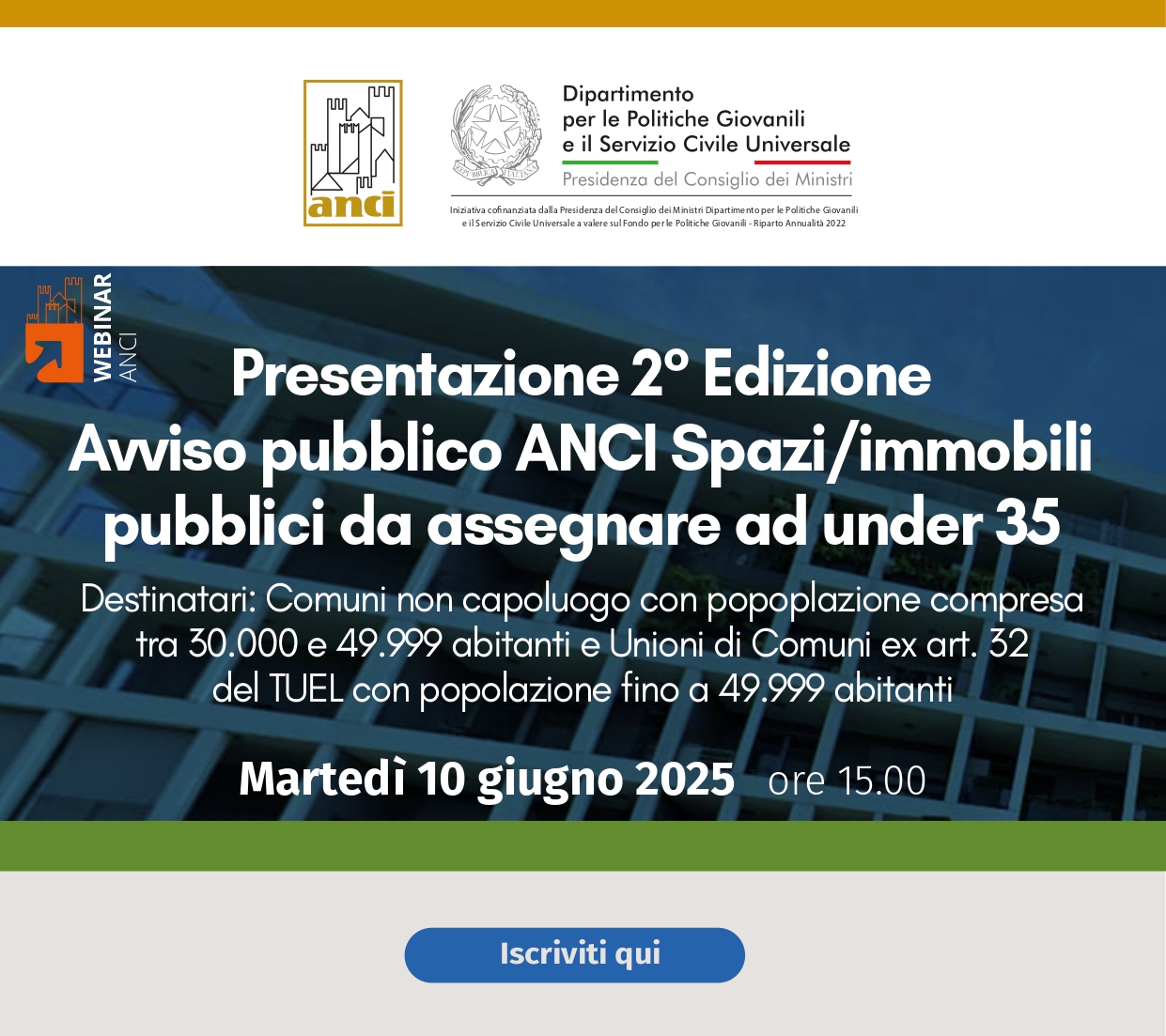 Proroga al 15 luglio scadenza Avviso Anci assegnazione giovani under 35 spazi/immobili pubblici