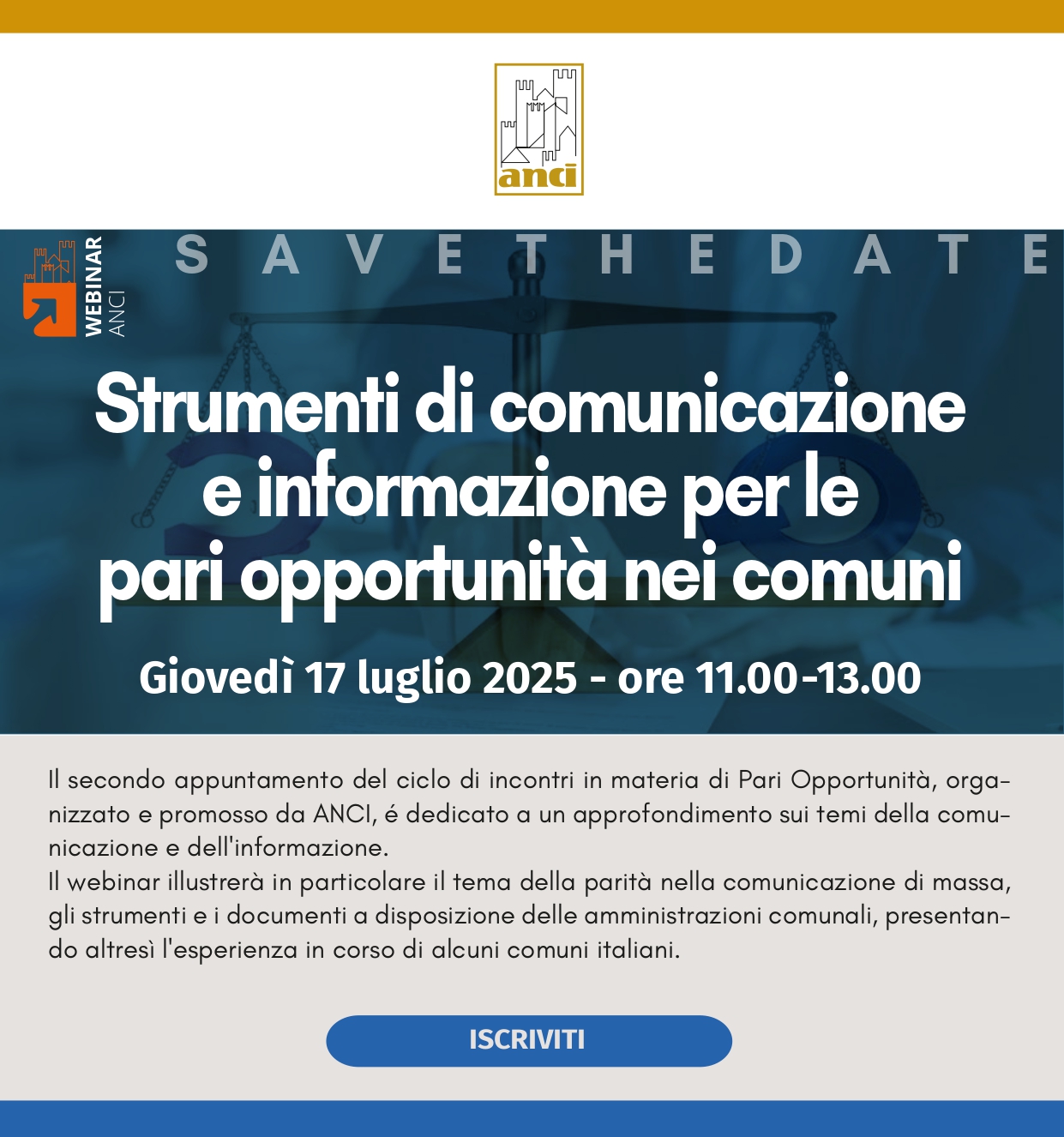 Il 17 luglio webinar “Strumenti di comunicazione e informazione per le pari opportunità nei comuni”