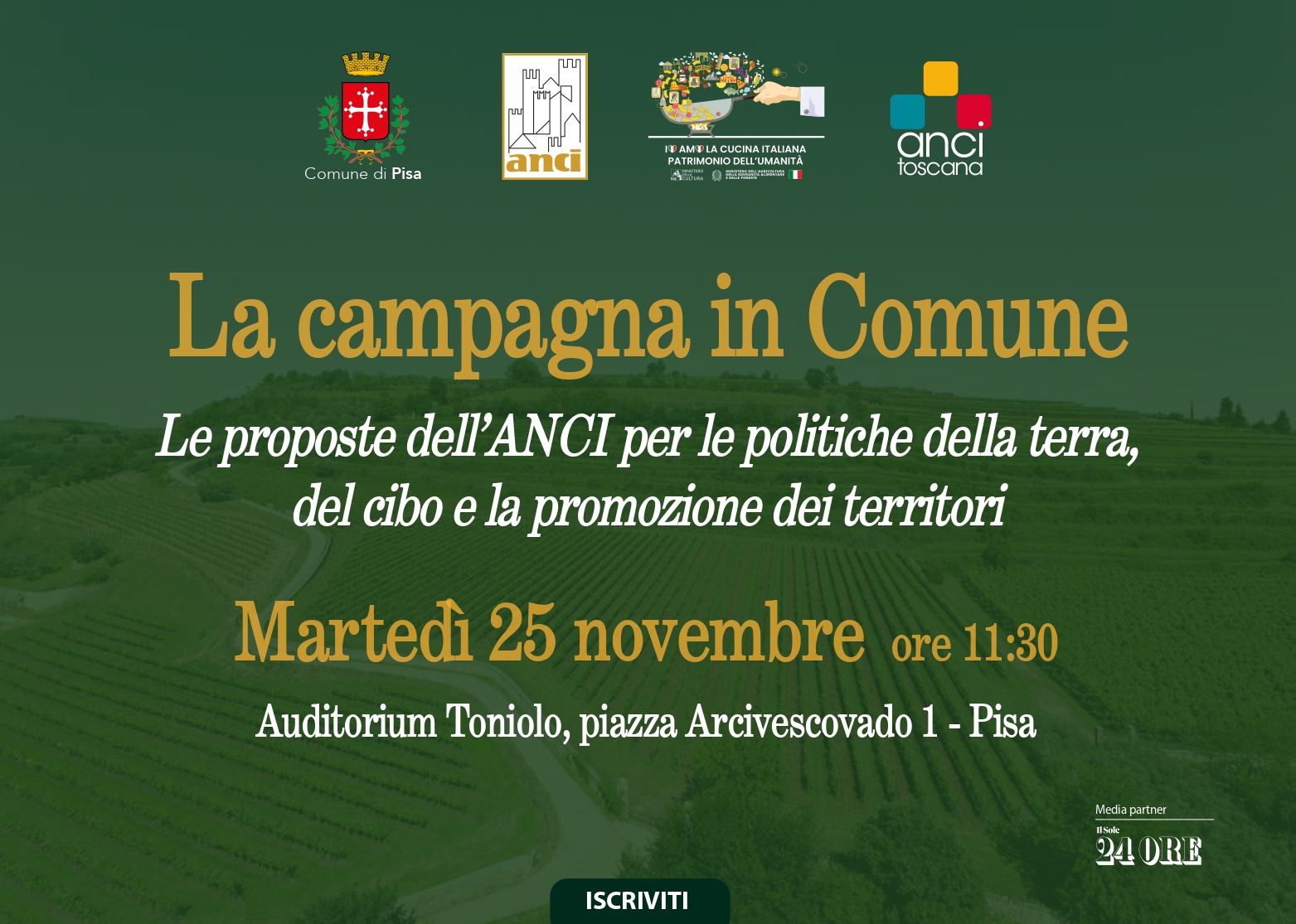 A Pisa il 25 novembre “La campagna in Comune”: evento Anci sulle politiche della terra e del cibo