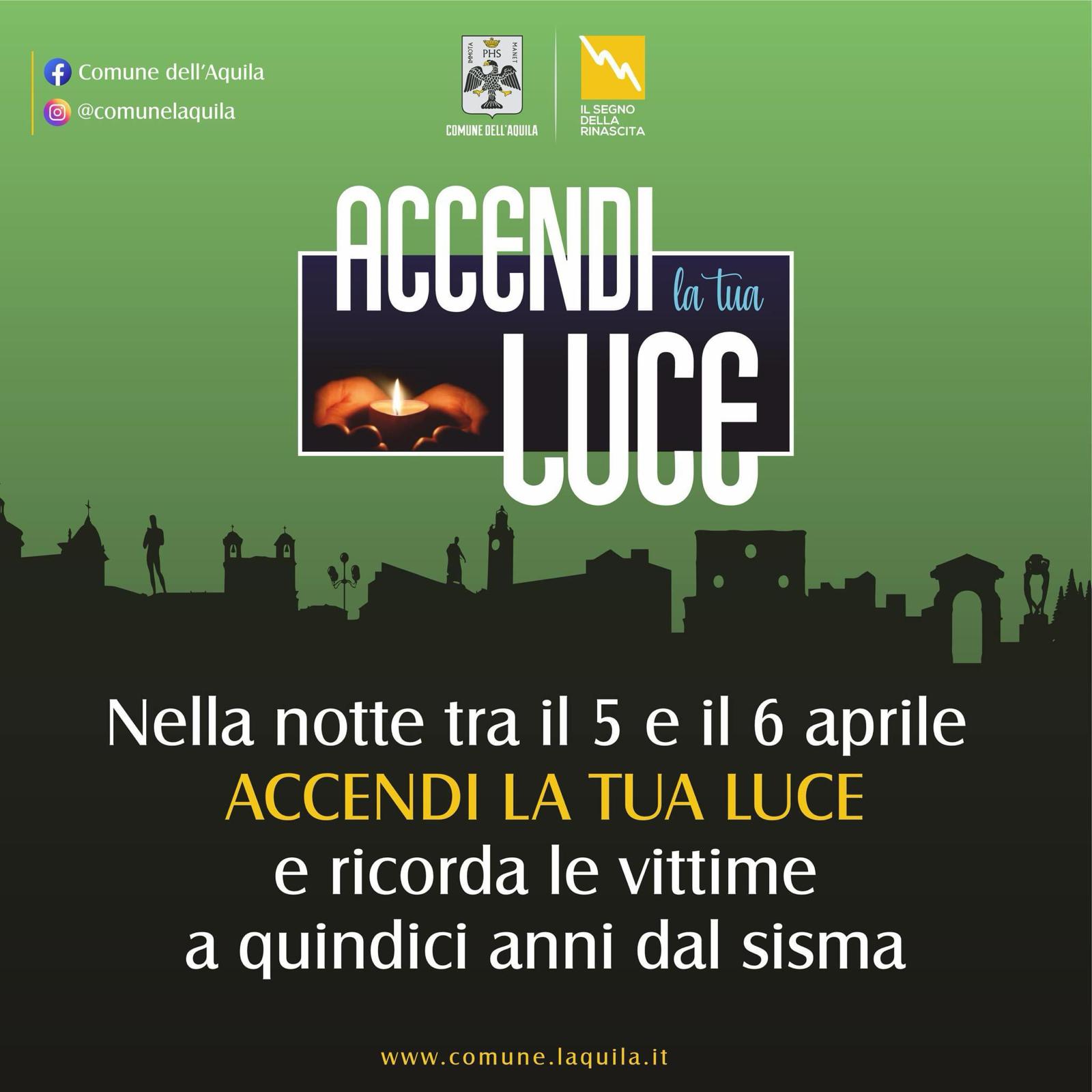 15^ commemorazione, Comune dell’Aquila chiede di aderire all’iniziativa “accendi la tua luce”