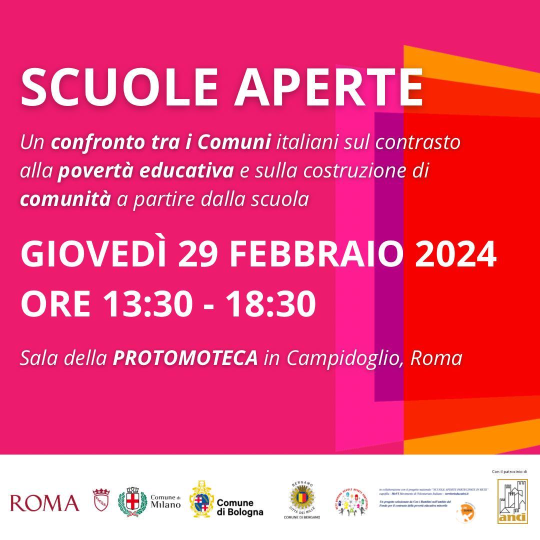 Scuole aperte, giovedì 29 febbraio convegno in Campidoglio