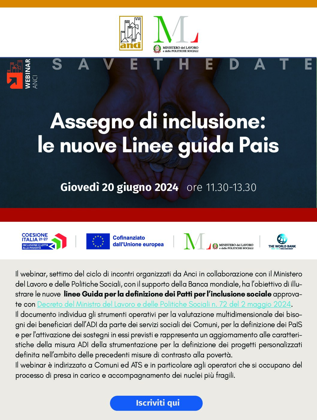 Save the date – 20 giugno ore 11.30 – webinar: “Assegno di inclusione: le nuove Linee guida Pais”