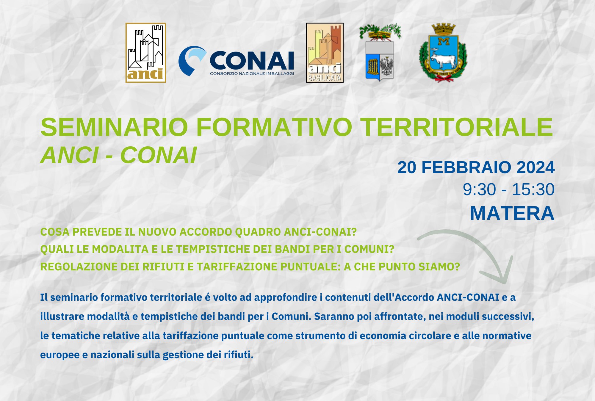 Ciclo rifiuti, oggi 20 febbraio a Matera seminario territoriale Anci-Conai. Iscriviti