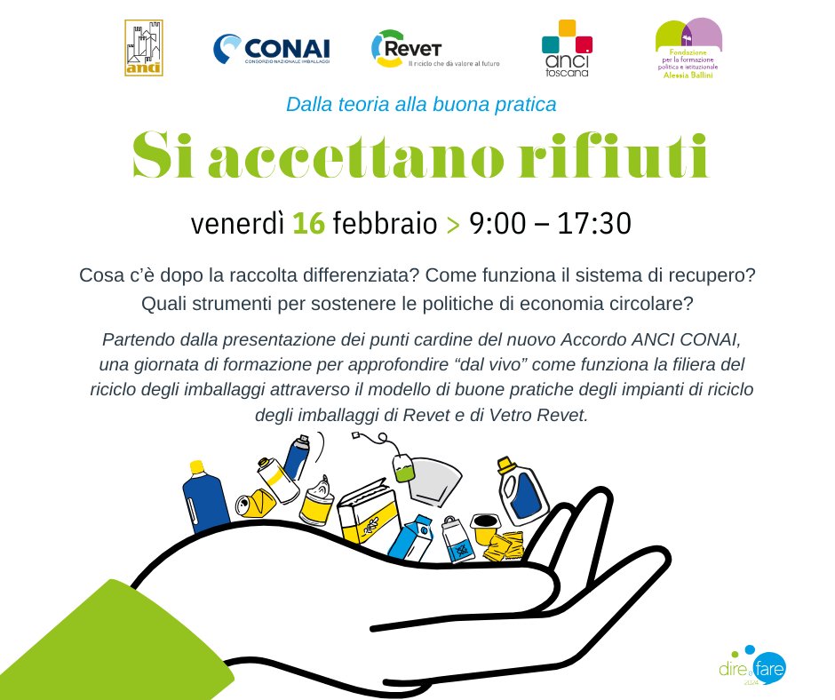 Ciclo rifiuti, oggi 16 febbraio seminario Anci, Anci Toscana, Conai, Revet e Fondazione Ballini